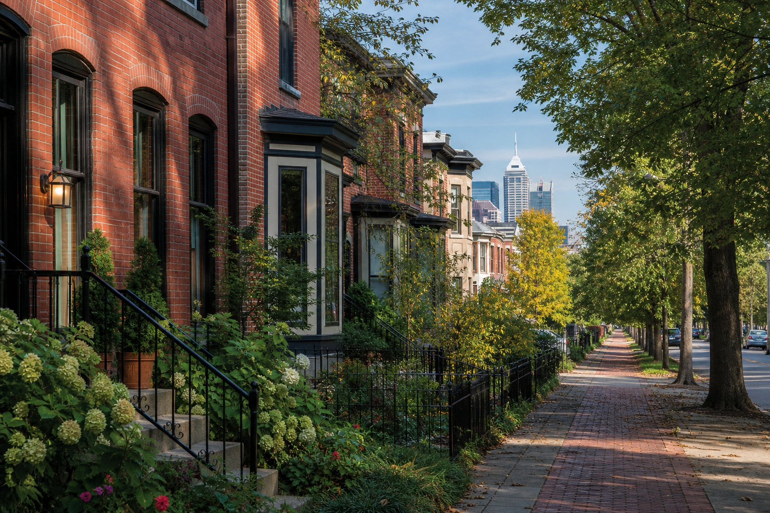 Fictional streetscape inspired by historic Lockerbie Square in Indianapolis